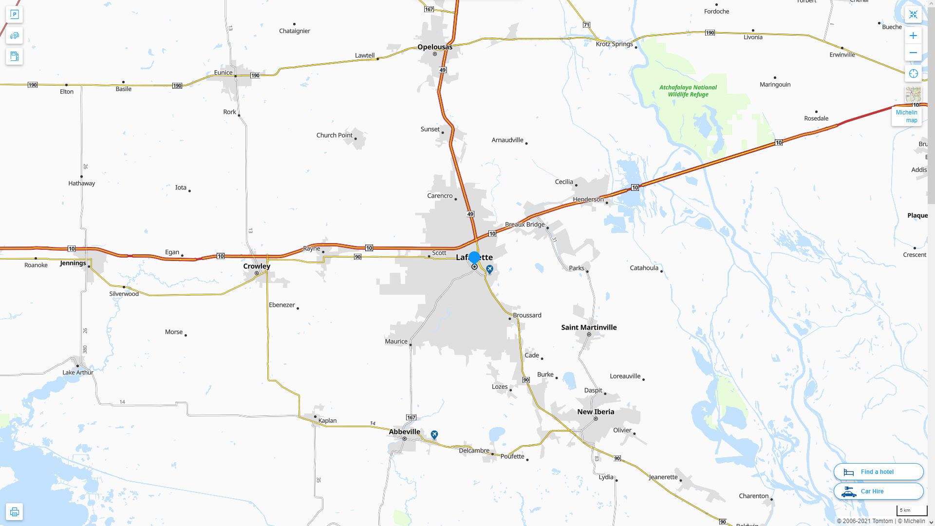 Lafayette Louisiana Highway and Road Map